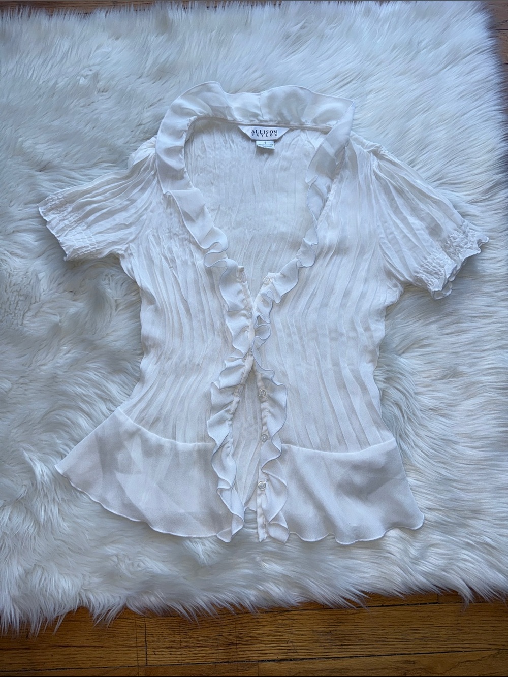 Allison Taylor White Ruffle-Front Short Sleeve Blouse